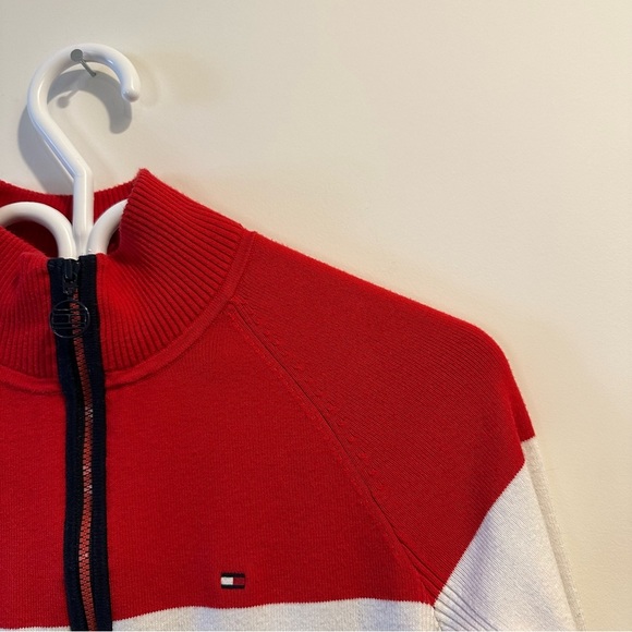 Tommy Hilfiger | Y2K Red White & Blue Zip Up Mock Neck Cardigan Sweater womens S - Picture 2 of 8